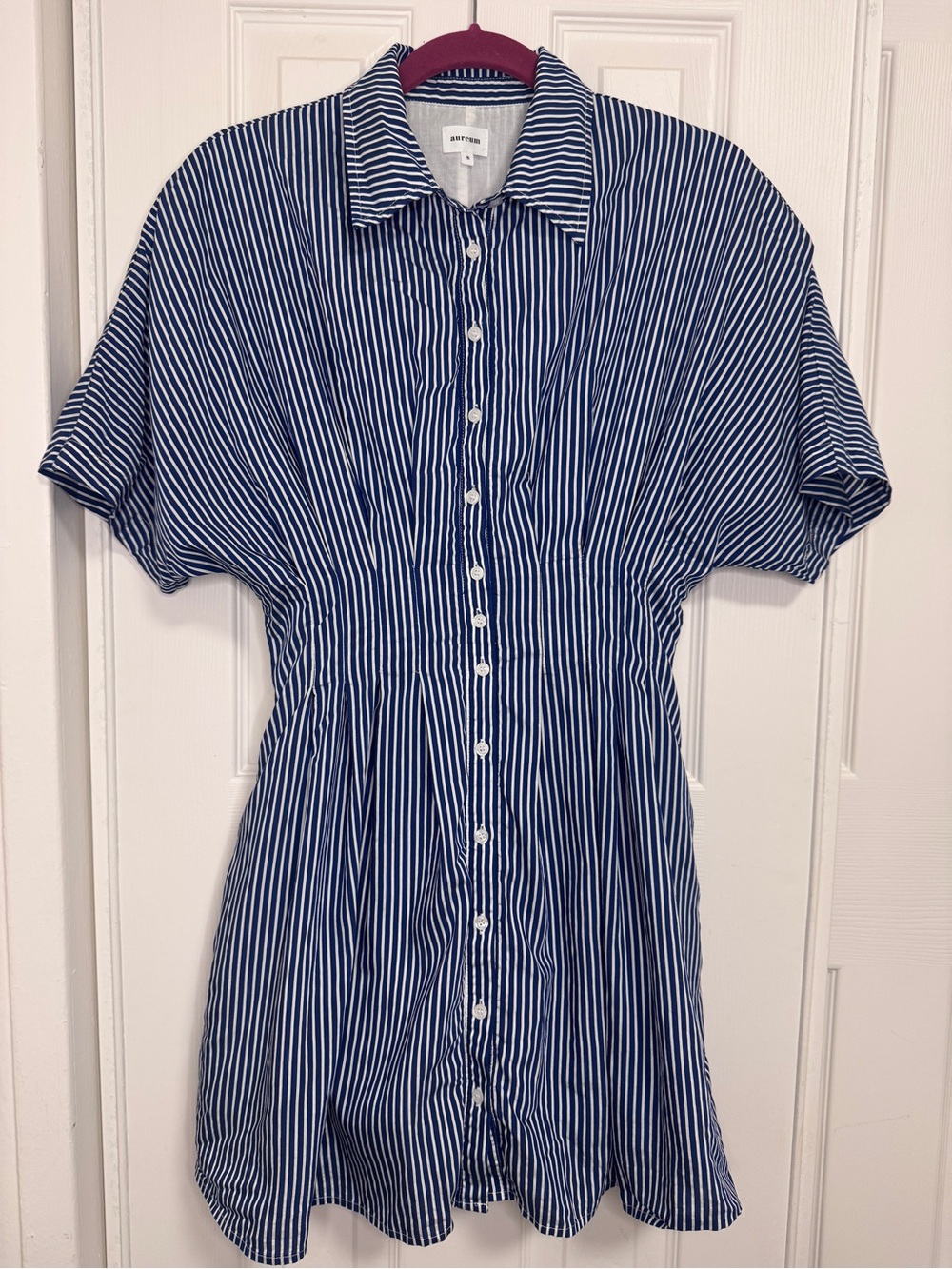 AUREUM Navy and White Striped Button-Front Mini Dress - Picture 3 of 6